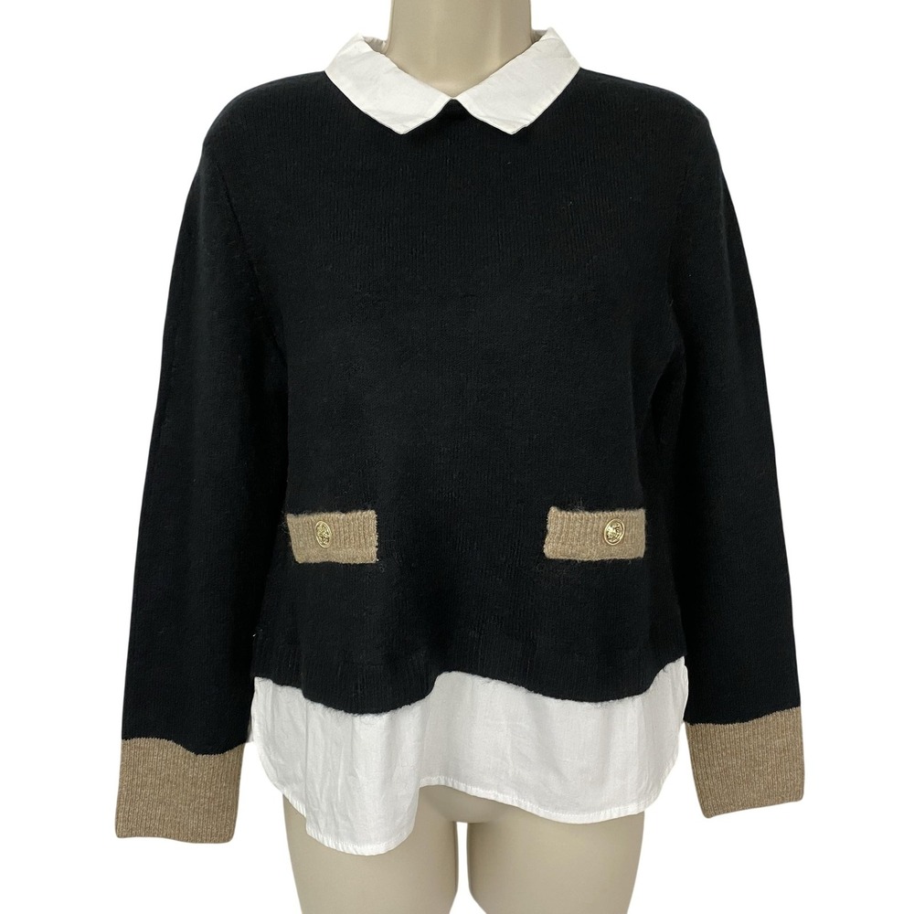 CeCe Sweater Womens S Black Collared Layered Gold Buttons Preppy TwoFer Academia